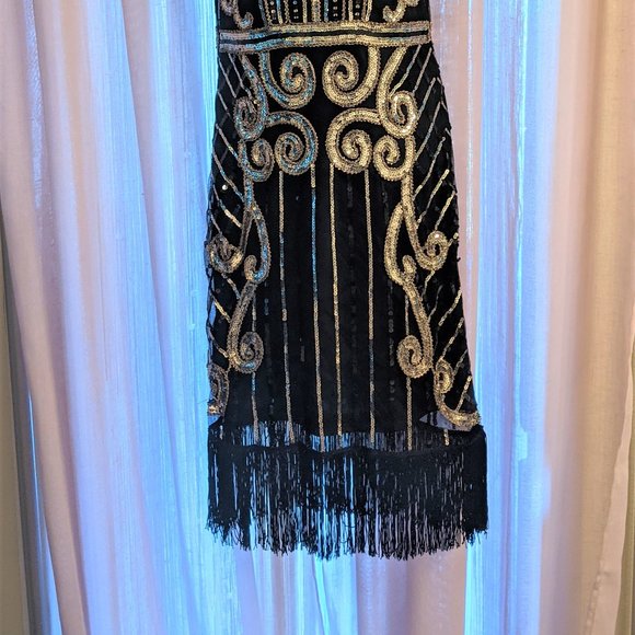 VIJIV 1920s Vintage Inspired Sequin Embellished Fringe Long Gatsby Flapper Dress - Picture 4 of 13